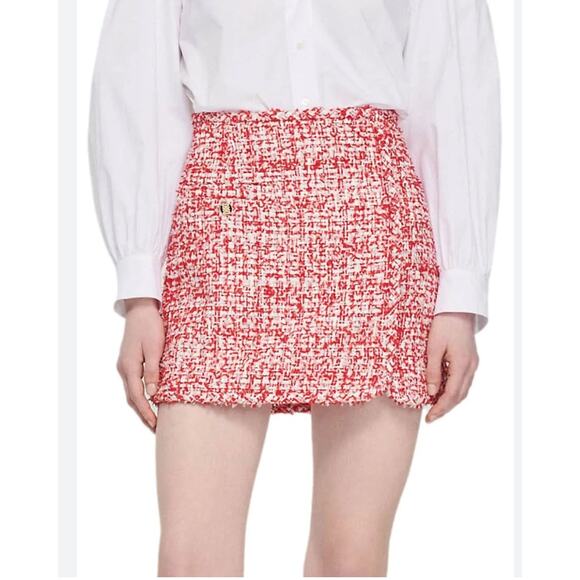 SANDRO Tweed Mini Skirt Rouge Red White Metallic Silver 36 S - Picture 1 of 12